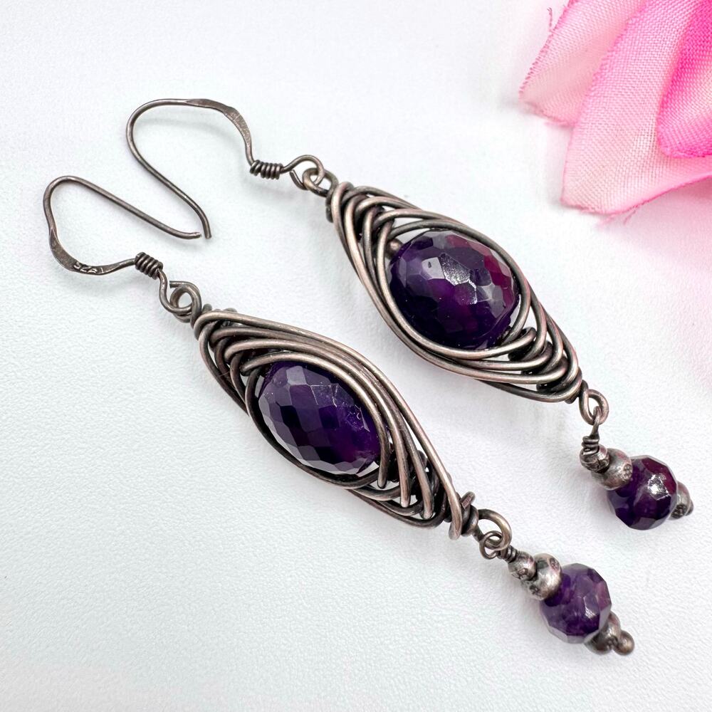 Genuine Amethyst Silver Wire Wrapped Dangle Earrings Artisan Tested Bohemian